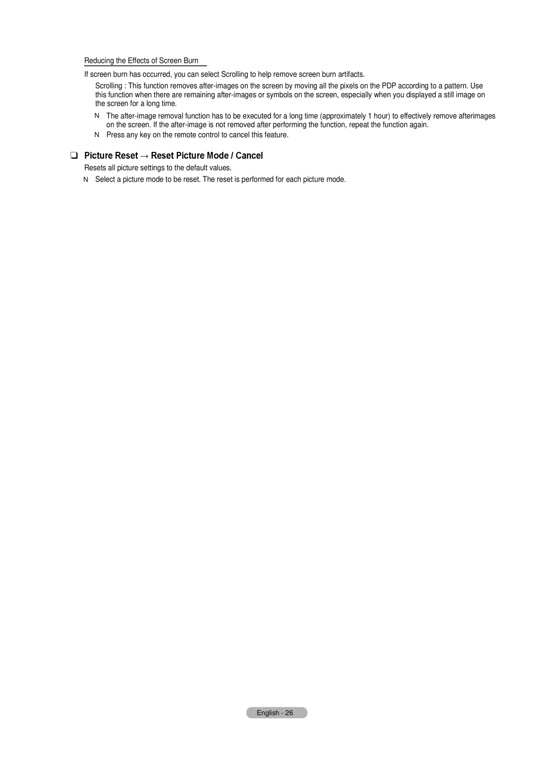 Samsung PN6B590T5F, BN68-02221B-00 Picture Reset → Reset Picture Mode / Cancel, Reducing the Effects of Screen Burn 
