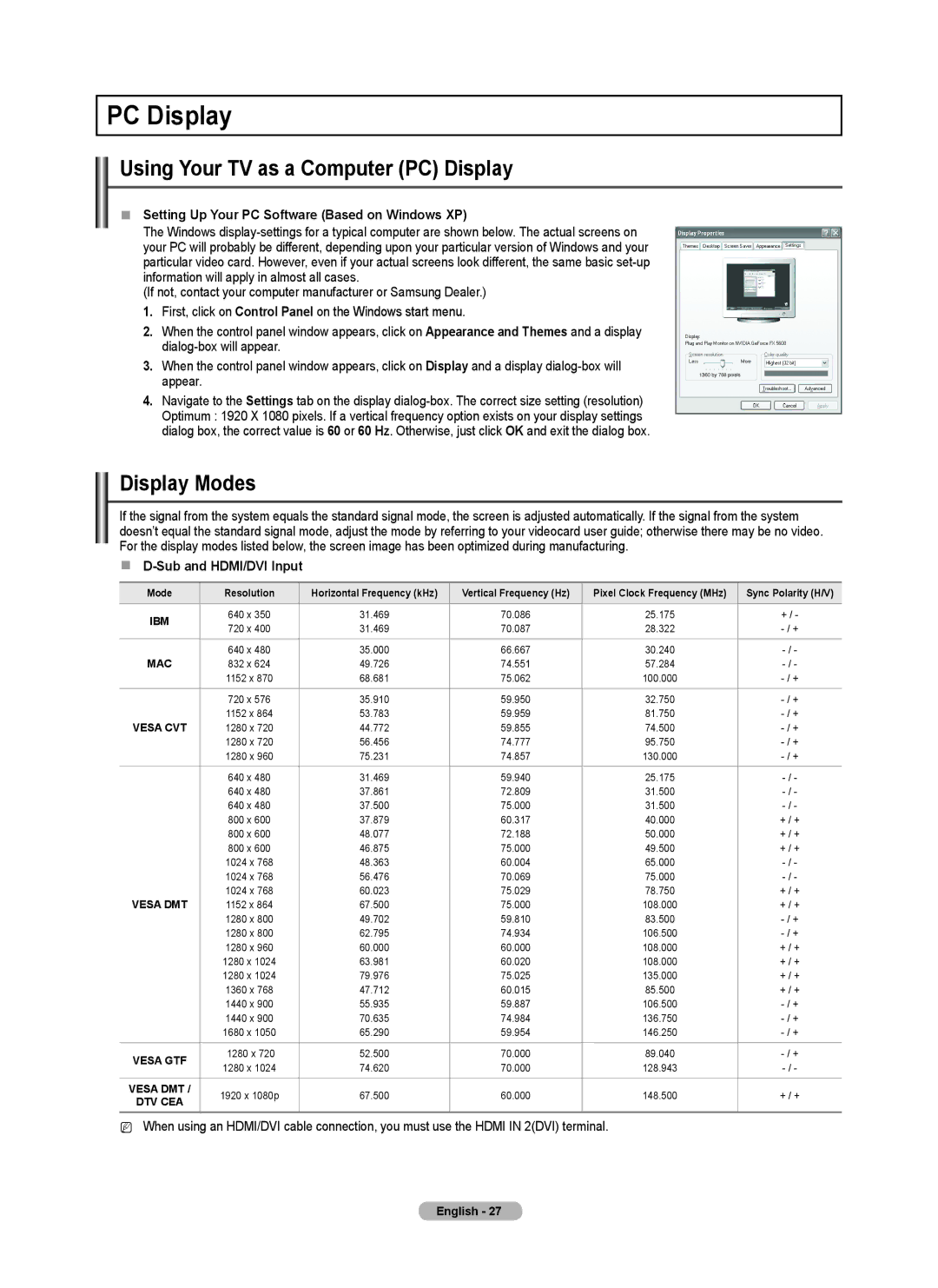 Samsung PNB590T5F, BN68-02221B-00, PN50B550TF, PN6B590T5F Using Your TV as a Computer PC Display, Display Modes 