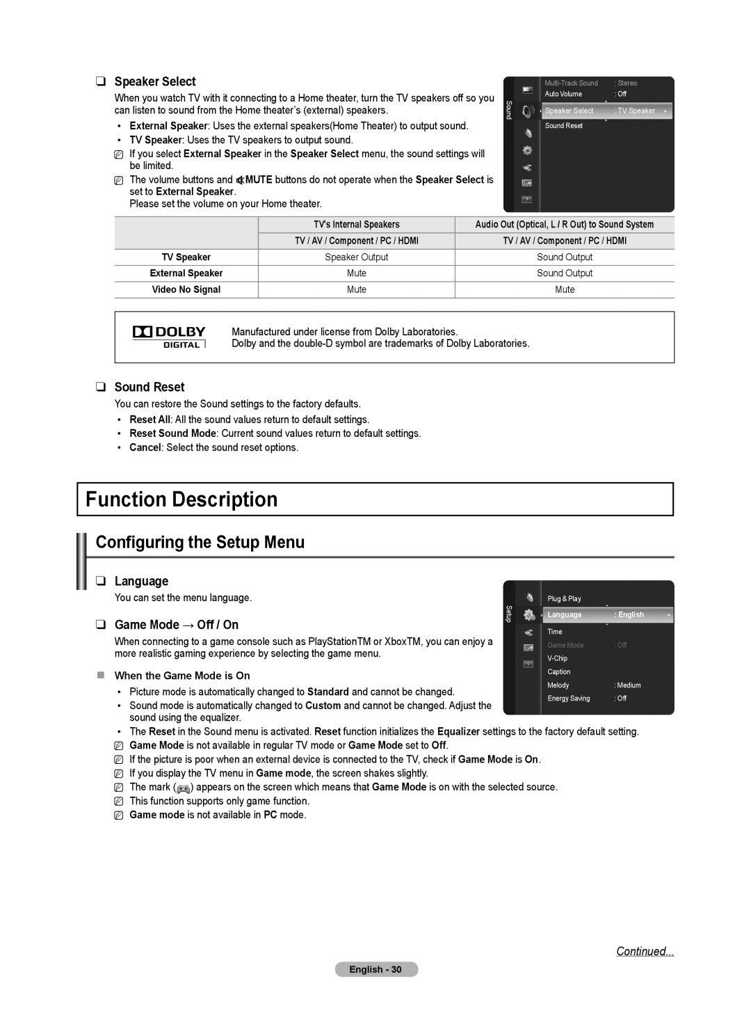 Samsung BN68-02221B-00, PN50B550TF Function Description, Configuring the Setup Menu, Speaker Select, Sound Reset, Language 