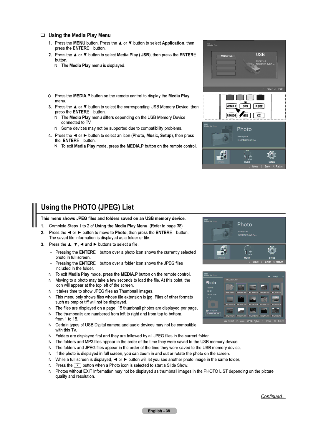 Samsung PN6B590T5F, BN68-02221B-00, PN50B550TF, PNB590T5F, PN6B550T2F Using the Photo Jpeg List, Using the Media Play Menu 