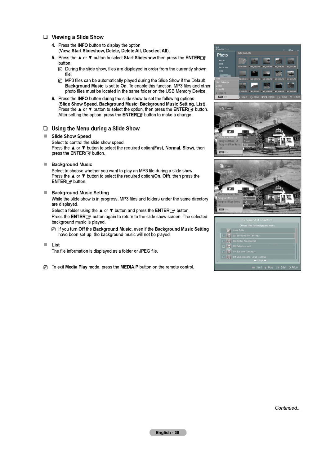 Samsung PNB590T5F, BN68-02221B-00, PN50B550TF, PN6B590T5F user manual Viewing a Slide Show, Using the Menu during a Slide Show 