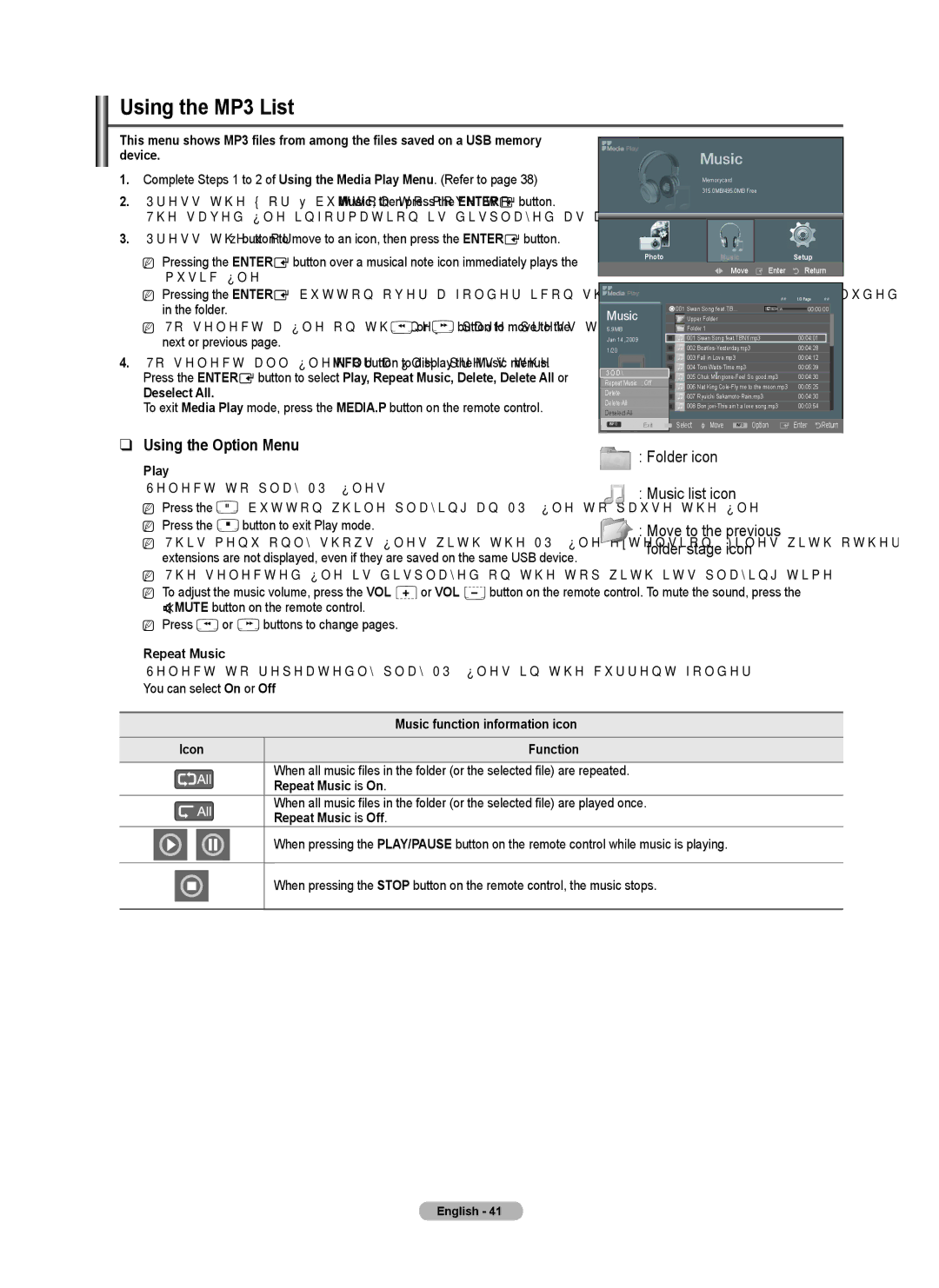 Samsung PN58B550TF, BN68-02221B-00, PN50B550TF, PN6B590T5F, PNB590T5F, PN6B550T2F user manual Using the MP3 List 