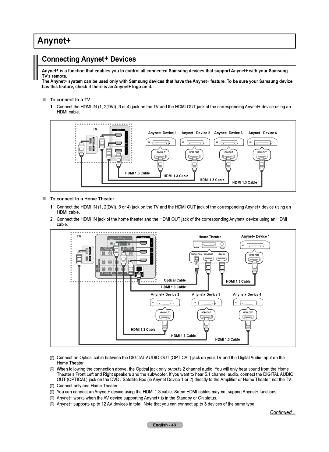 Samsung PN50B550TF Connecting Anynet+ Devices,  To connect to a Home Theater, Connect only one Home Theater 