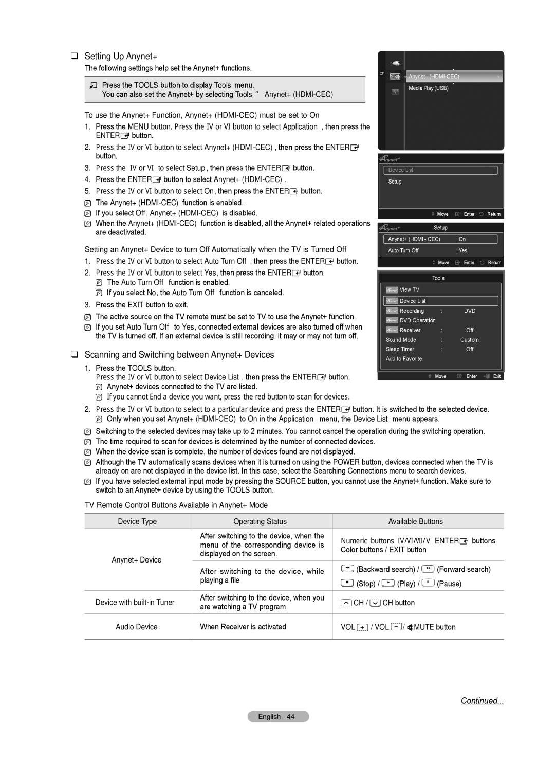 Samsung PN6B590T5F, BN68-02221B-00, PN50B550TF, PNB590T5F, PN6B550T2F, PN58B550TF user manual Setting Up Anynet+, Mmute button 