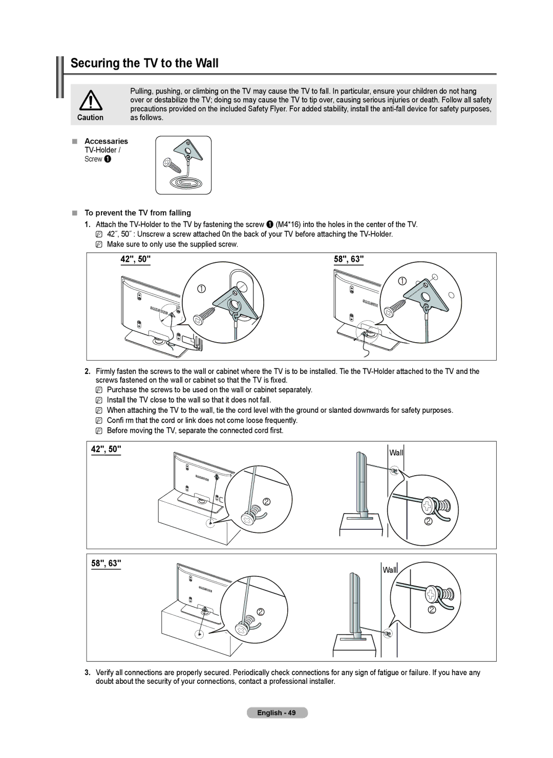 Samsung PN50B550TF, BN68-02221B-00 Securing the TV to the Wall, As follows, TV-Holder,  To prevent the TV from falling 