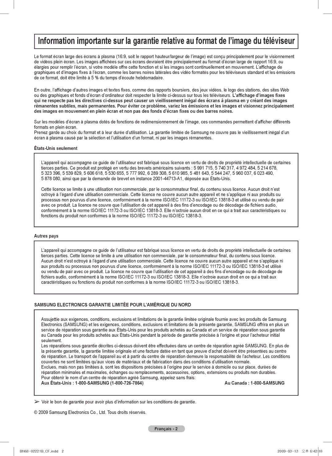 Samsung PN6B590T5F, BN68-02221B-00, PN50B550TF, PNB590T5F États-Unis seulement, Autres pays, Aux États-Unis 1-800-SAMSUNG 