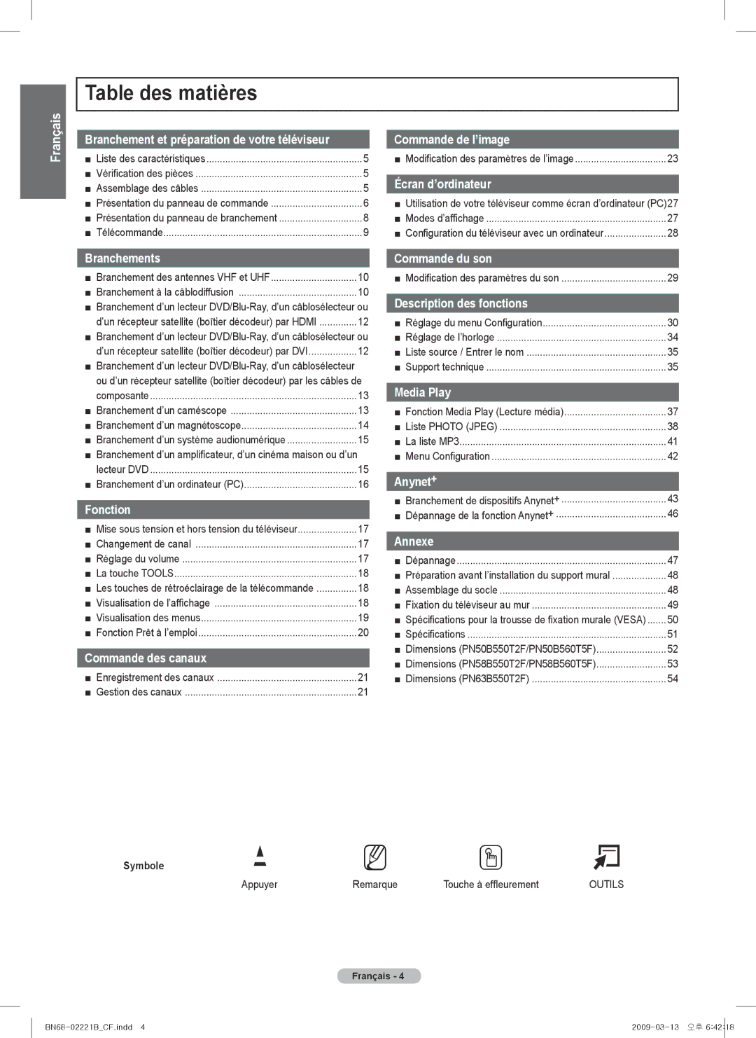 Samsung PN6B550T2F, BN68-02221B-00, PN50B550TF Table des matières, Symbole, Appuyer Remarque Touche à effleurement 