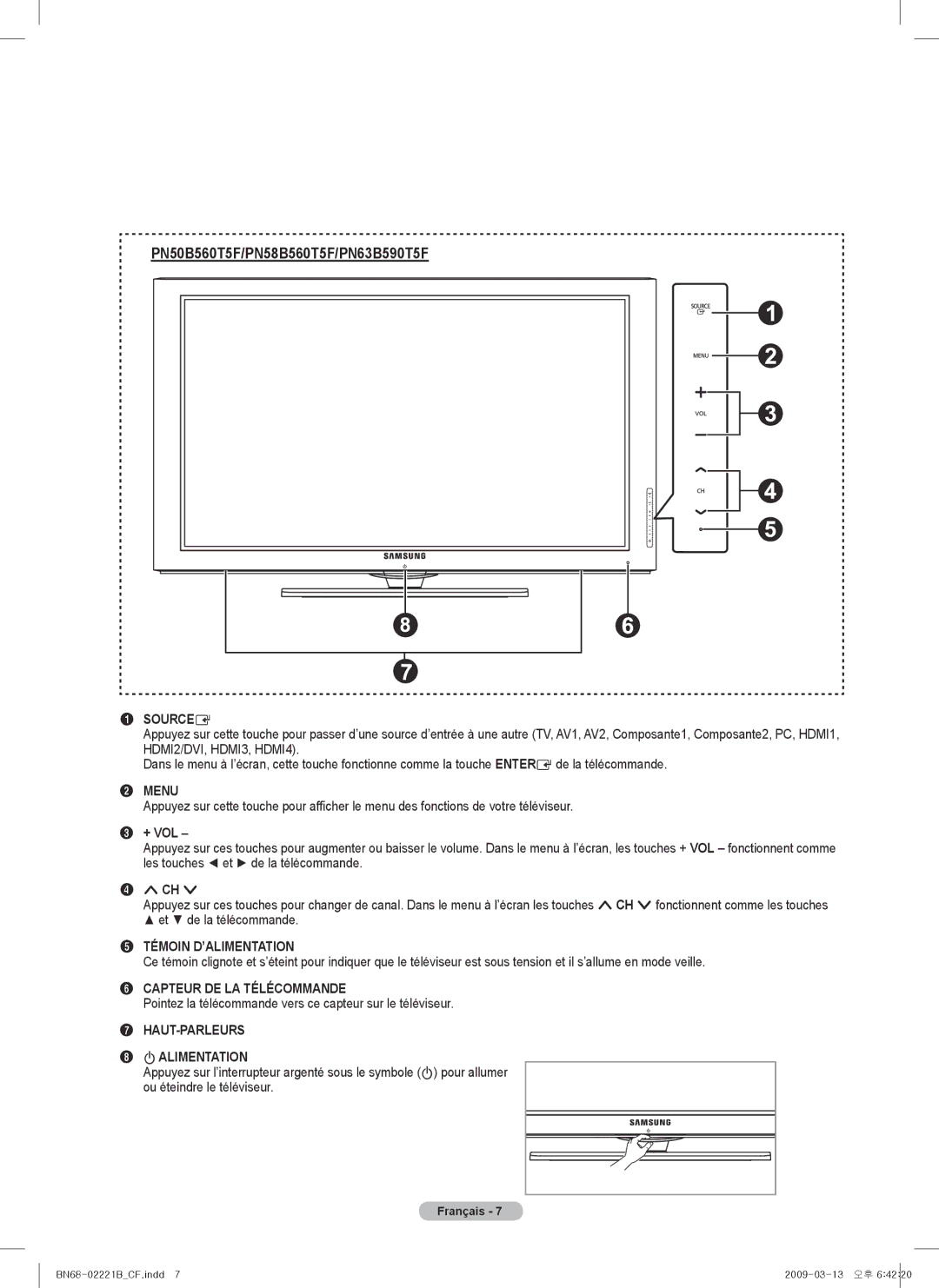 Samsung PN50B550TF, BN68-02221B-00, PN6B590T5F, PNB590T5F, PN6B550T2F, PN58B550TF user manual HAUT-PARLEURS Palimentation 