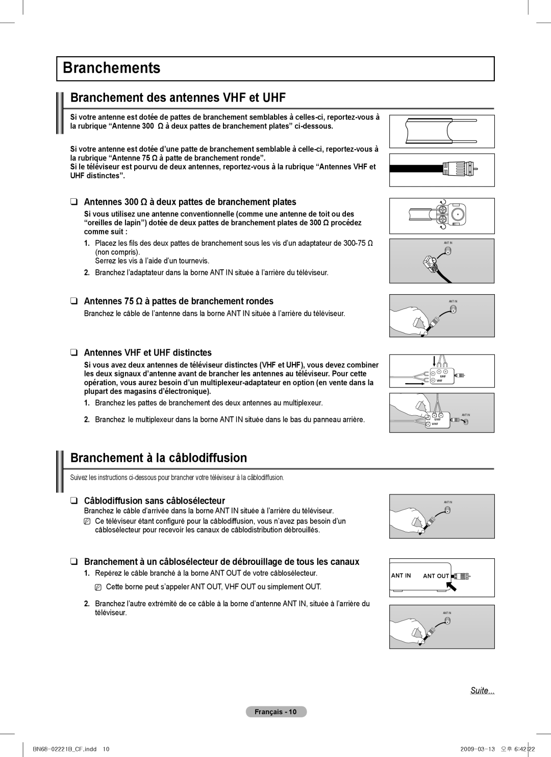 Samsung PN6B550T2F, BN68-02221B-00 Branchements, Branchement des antennes VHF et UHF, Branchement à la câblodiffusion 