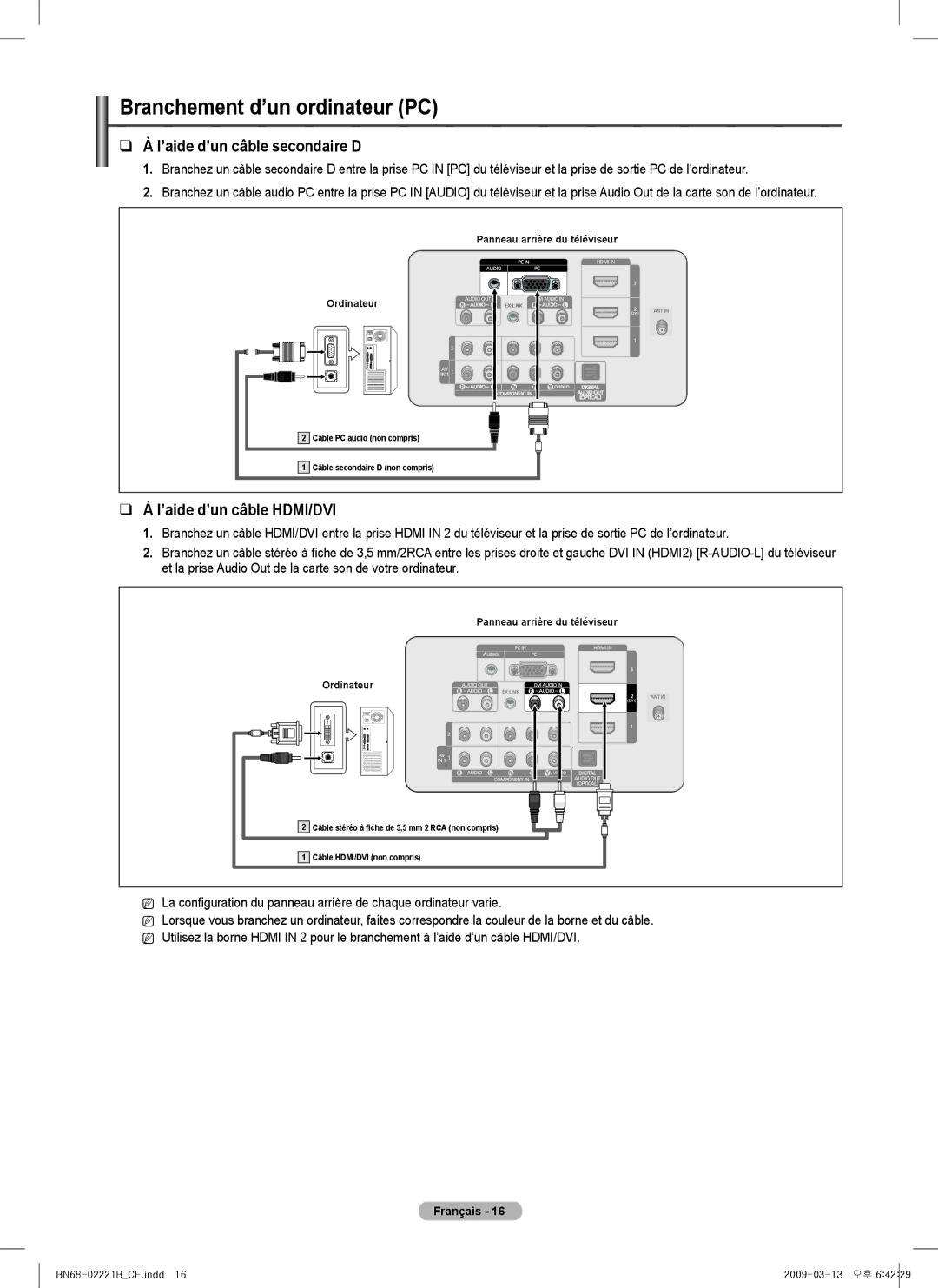 Samsung PN6B550T2F, PN50B550TF Branchement d’un ordinateur PC, ’aide d’un câble secondaire D, ’aide d’un câble HDMI/DVI 