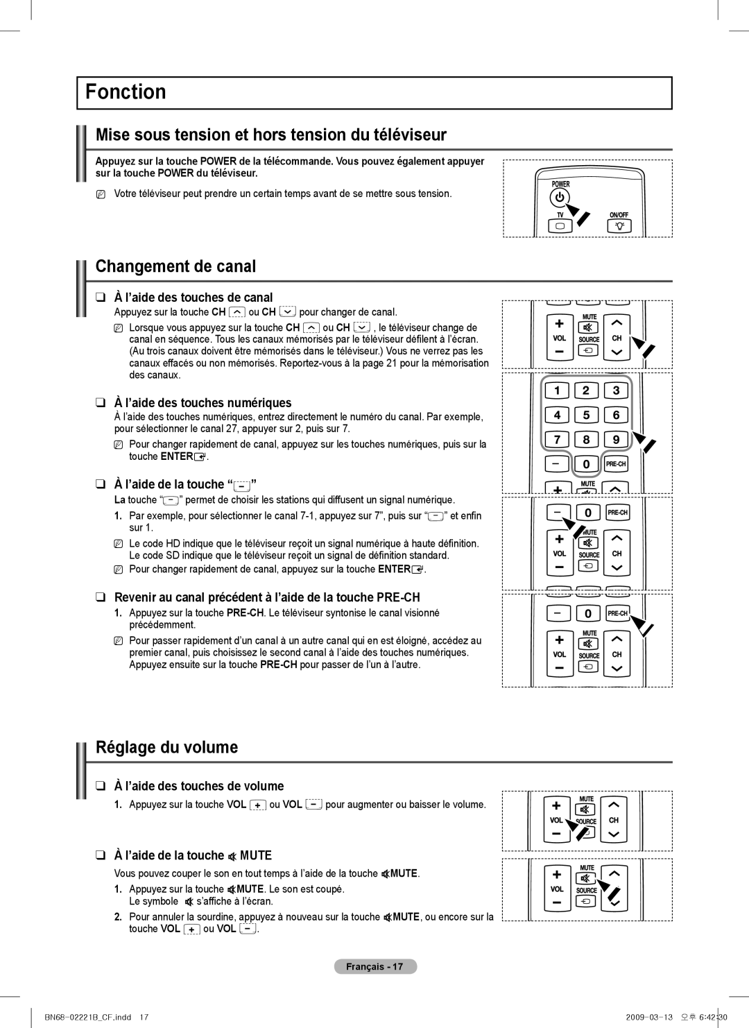 Samsung PN58B550TF Fonction, Mise sous tension et hors tension du téléviseur, Changement de canal, Réglage du volume 