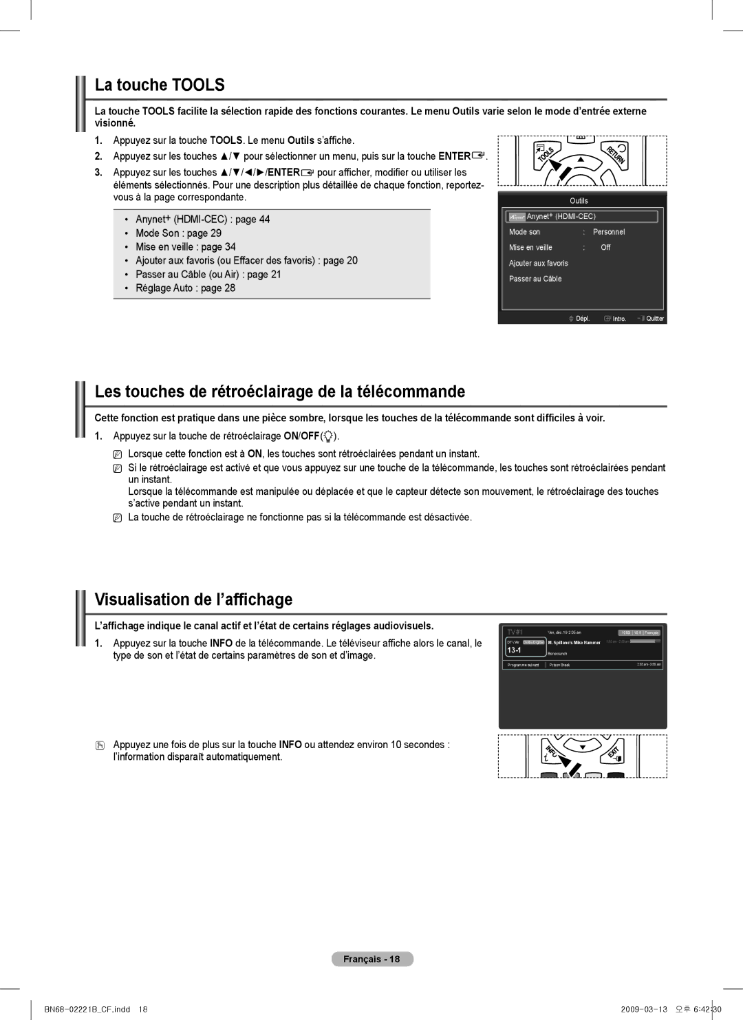 Samsung BN68-02221B-00 La touche Tools, Les touches de rétroéclairage de la télécommande, Visualisation de l’affichage 