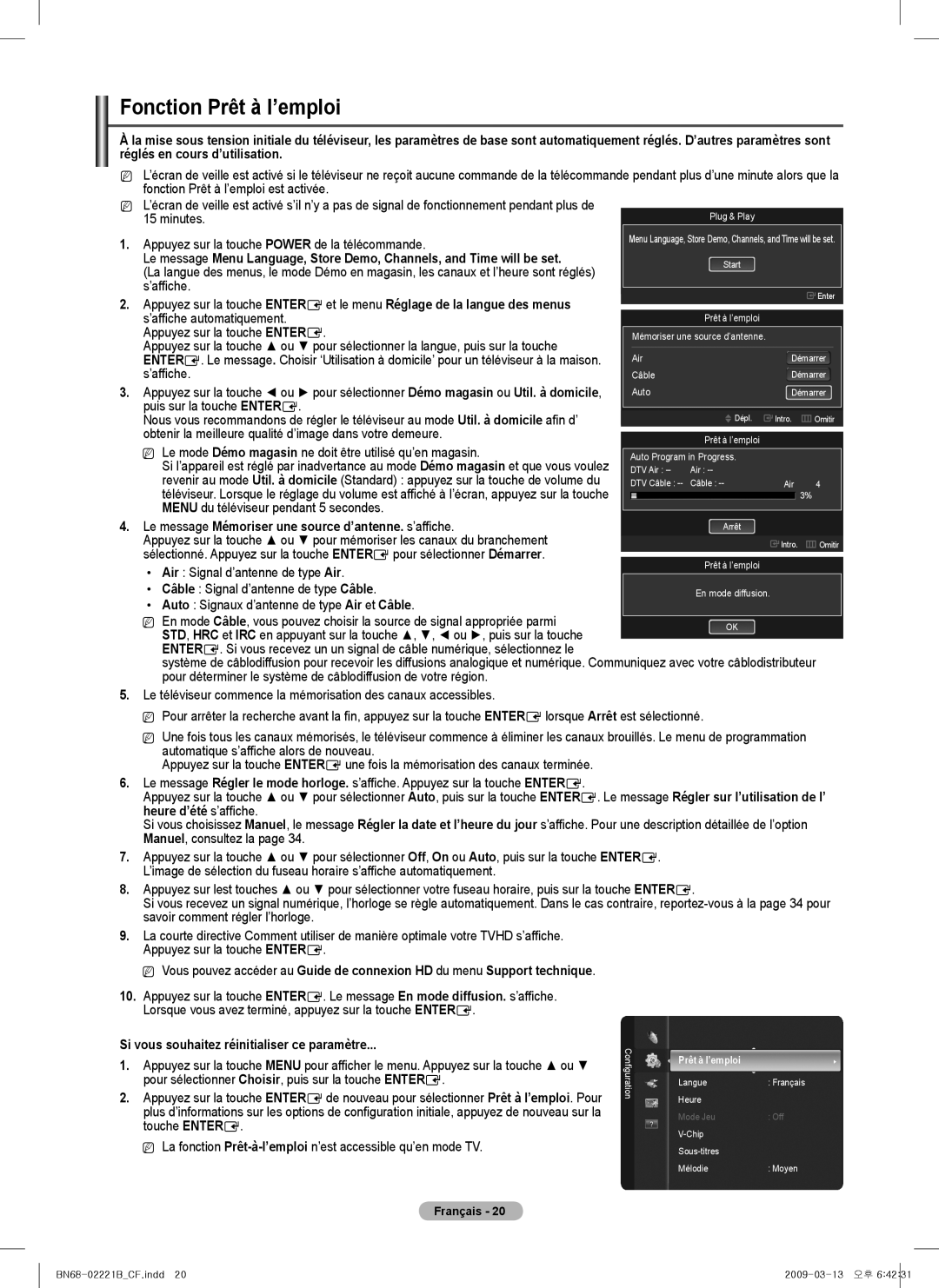 Samsung PN6B590T5F, BN68-02221B-00, PN50B550TF, PNB590T5F Fonction Prêt à l’emploi, Menu du téléviseur pendant 5 secondes 