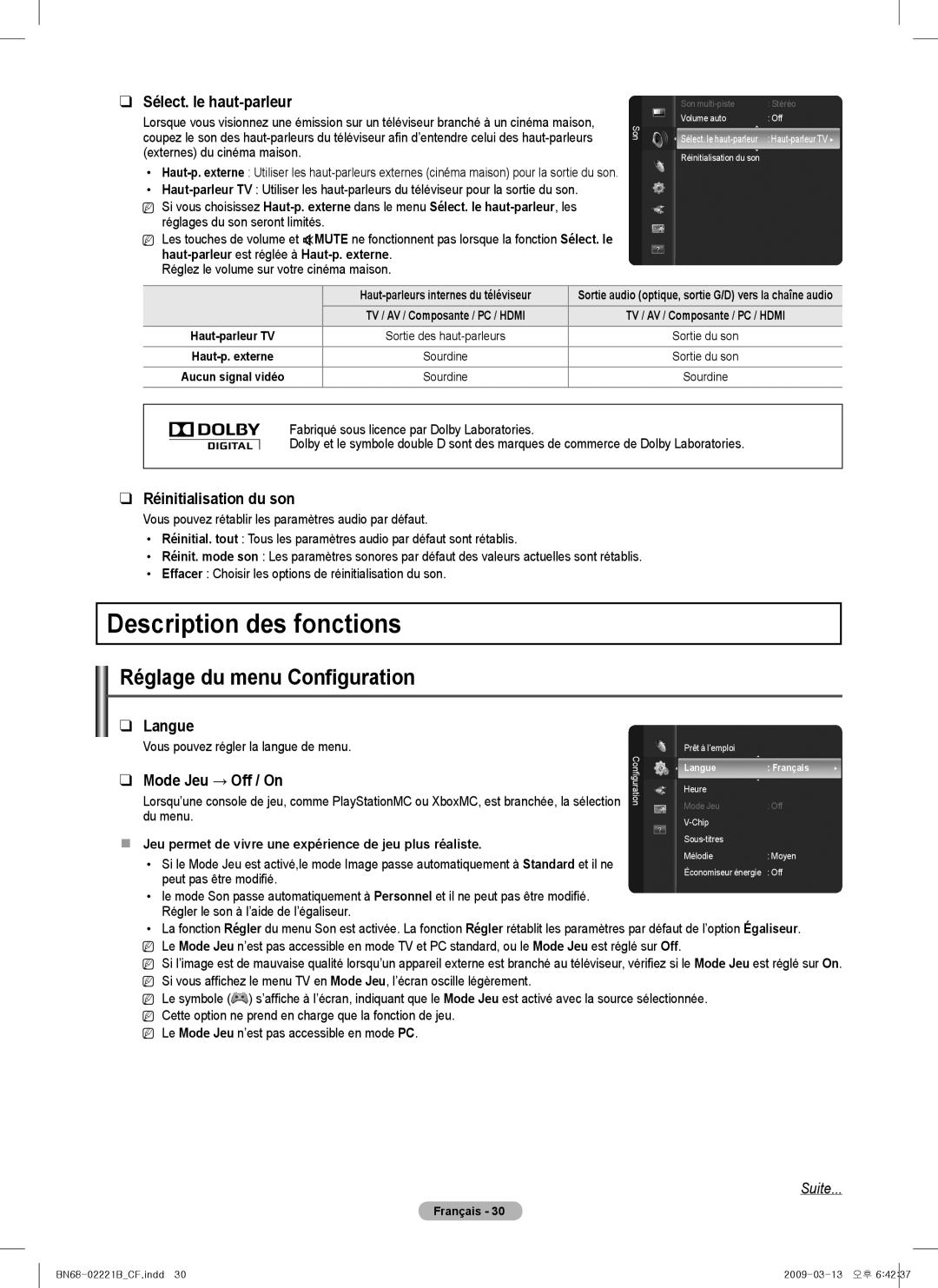 Samsung BN68-02221B-00 Description des fonctions, Réglage du menu Configuration, Sélect. le haut-parleur, Langue 