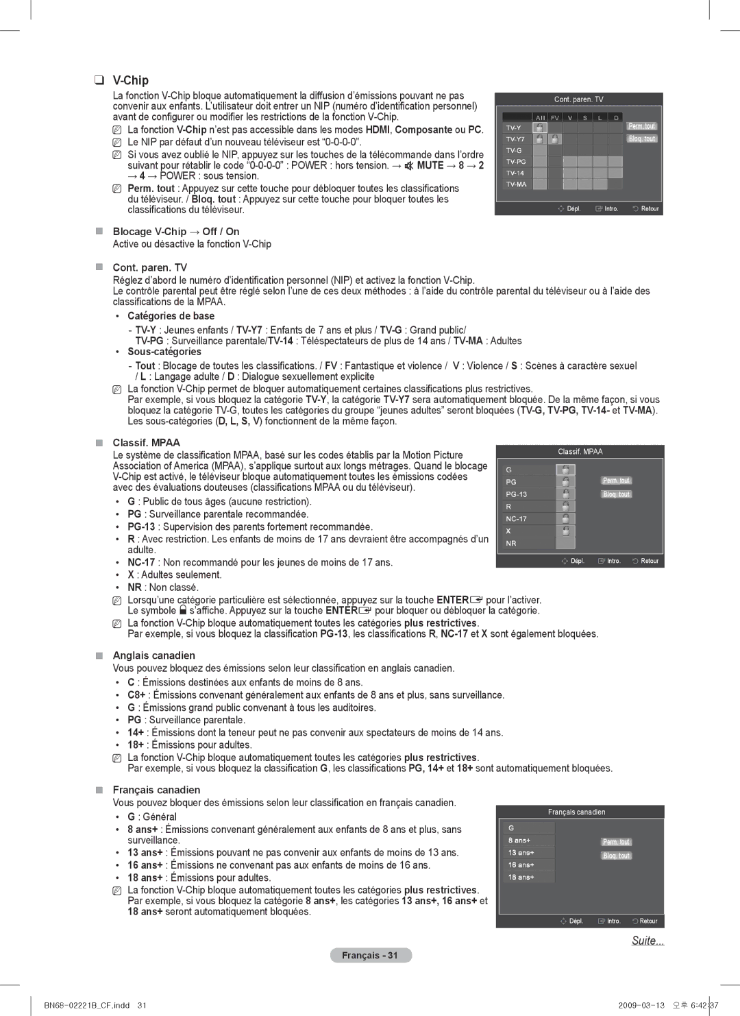 Samsung PN50B550TF  Blocage V-Chip → Off / On,  Cont. paren. TV, Catégories de base, Sous-catégories,  Classif. Mpaa 