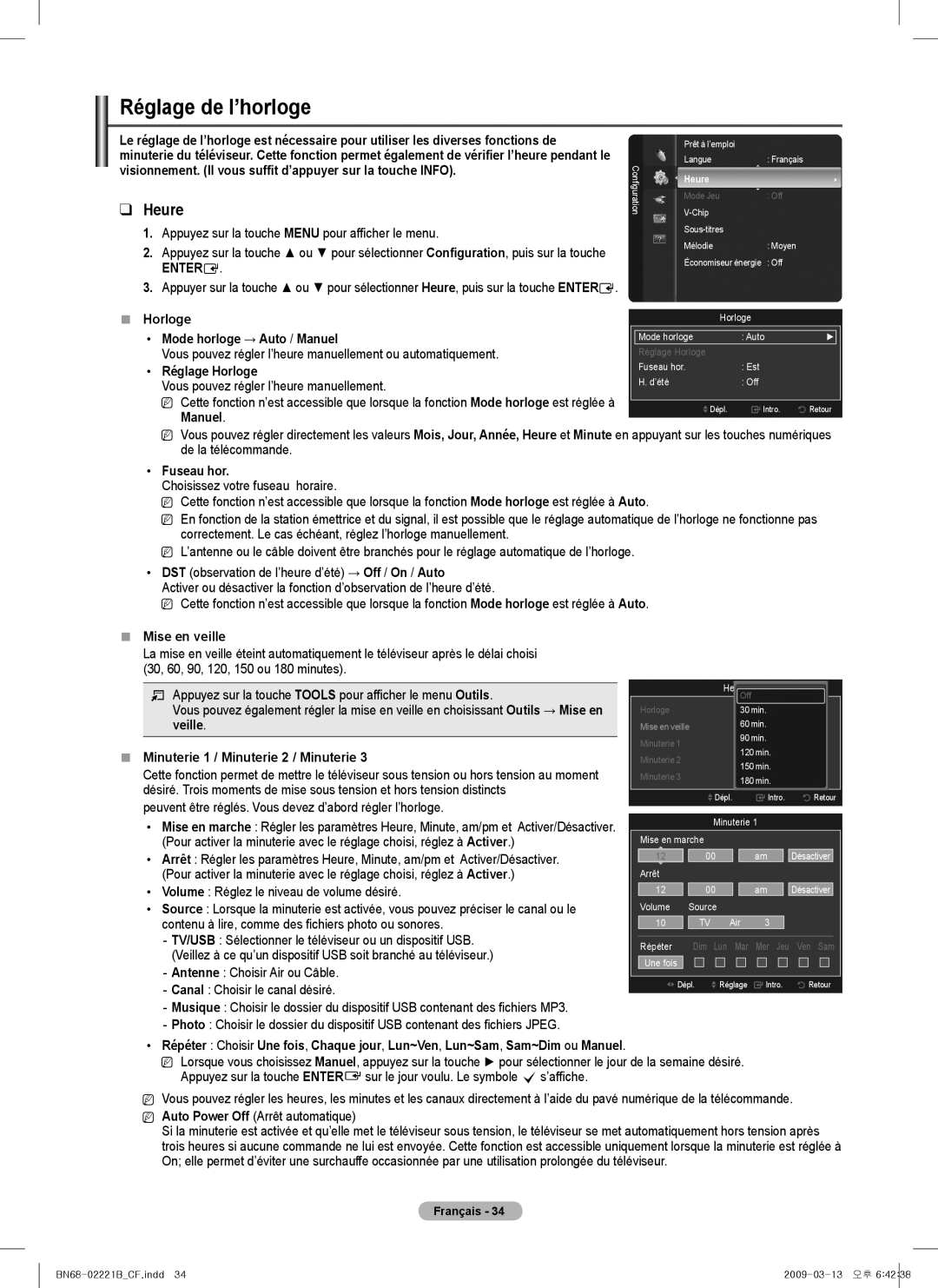 Samsung PN6B550T2F, BN68-02221B-00, PN50B550TF, PN6B590T5F, PNB590T5F, PN58B550TF user manual Réglage de l’horloge 