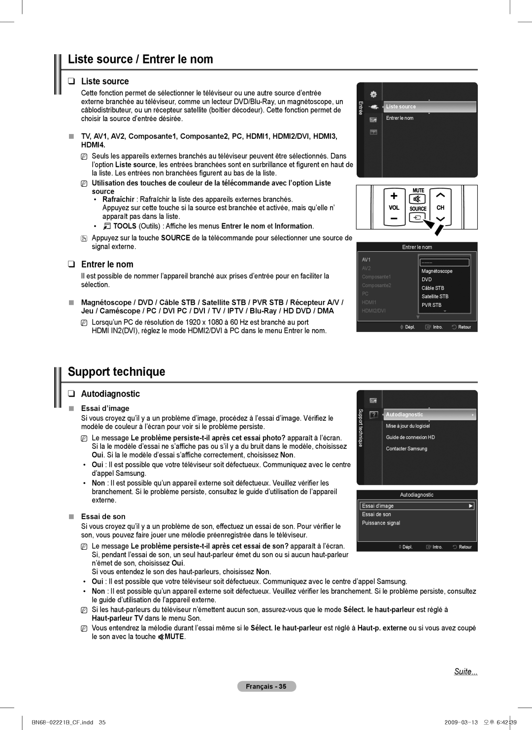 Samsung PN58B550TF, BN68-02221B-00, PN50B550TF, PN6B590T5F Liste source / Entrer le nom, Support technique, Autodiagnostic 