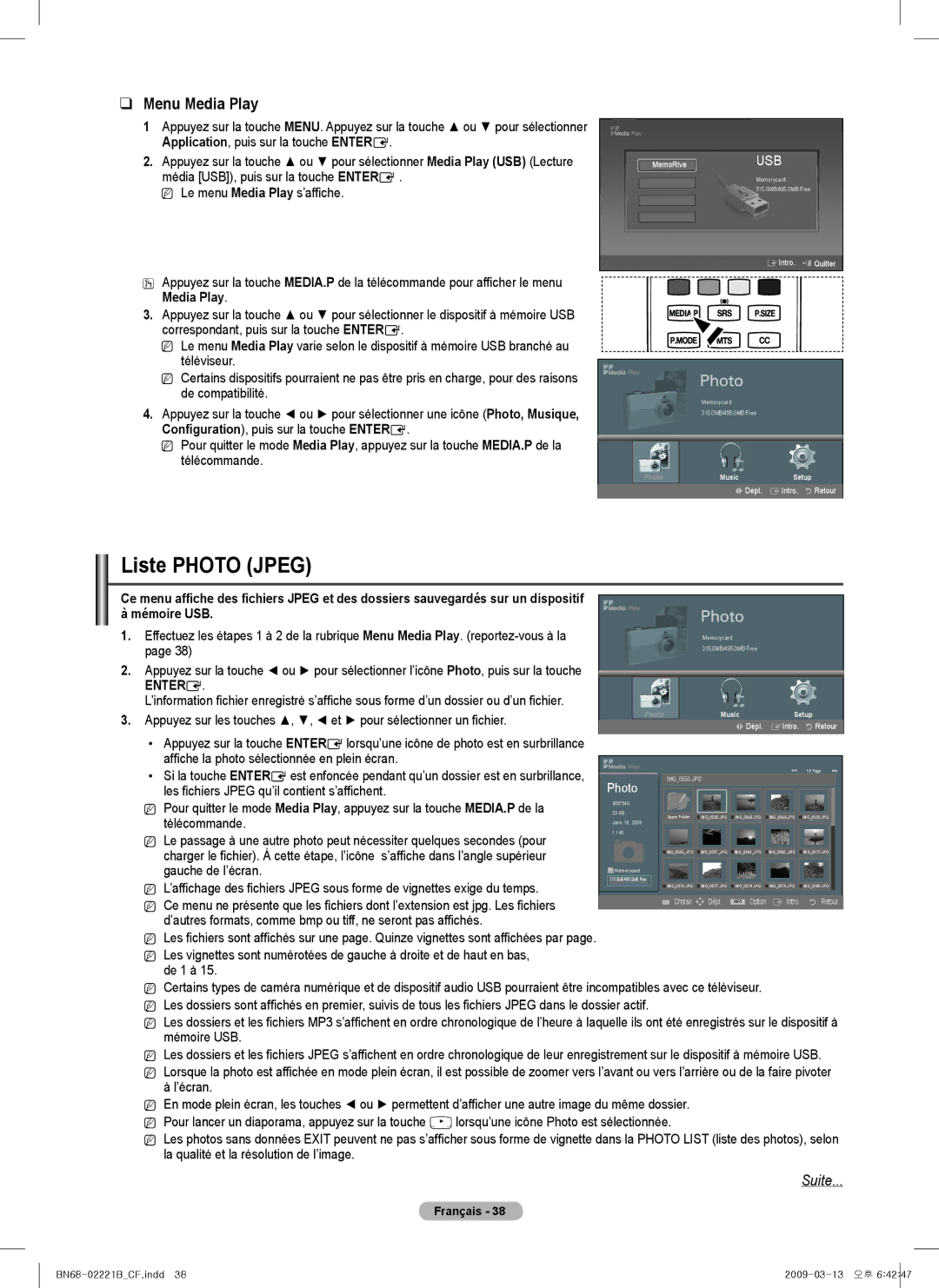 Samsung PN6B590T5F, BN68-02221B-00, PN50B550TF, PNB590T5F, PN6B550T2F Liste Photo Jpeg, Menu Media Play, Mémoire USB 