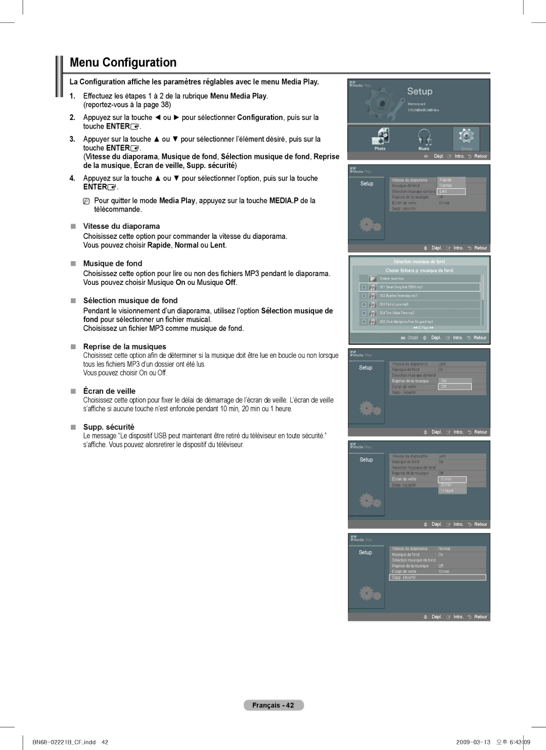 Samsung BN68-02221B-00, PN50B550TF Menu Configuration,  Vitesse du diaporama,  Reprise de la musiques,  Écran de veille 