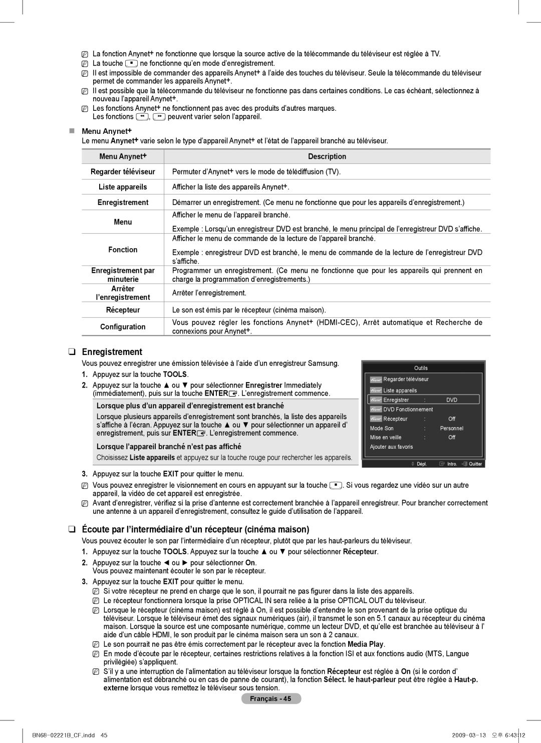 Samsung PNB590T5F, BN68-02221B-00, PN50B550TF Enregistrement, Écoute par l’intermédiaire d’un récepteur cinéma maison 