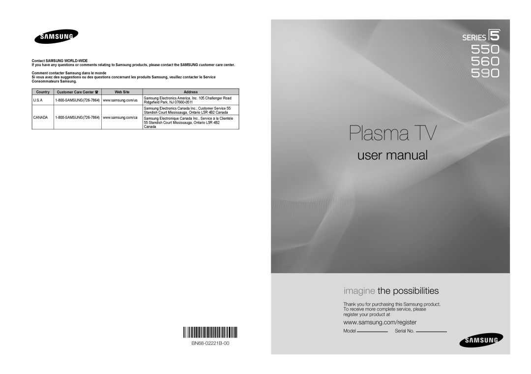 Samsung PN50B550TF user manual imagine the possibilities, Plasma TV, BN68-02221B-00, Model, Serial No, Country, Web Site 