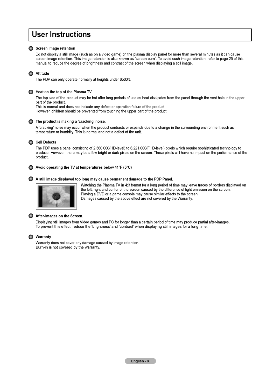 Samsung PNB590T5F User Instructions, Screen Image retention, Altitude, Heat on the top of the Plasma TV, Cell Defects 