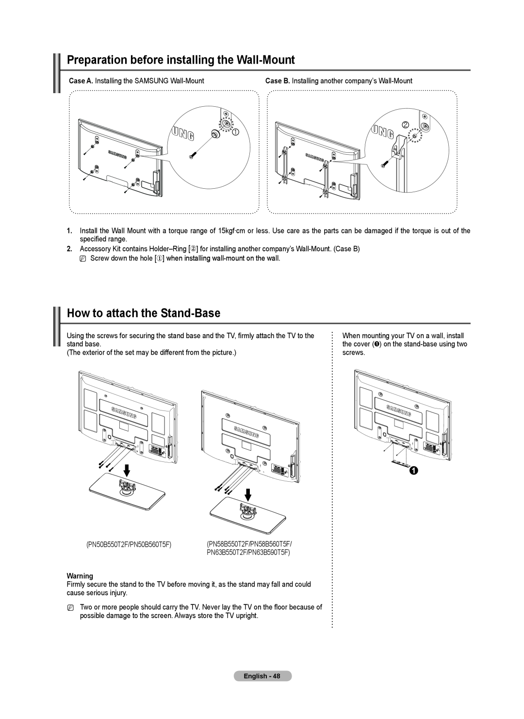Samsung BN68-02221B-00, PN50B550TF, PN6B590T5F Preparation before installing the Wall-Mount, How to attach the Stand-Base 