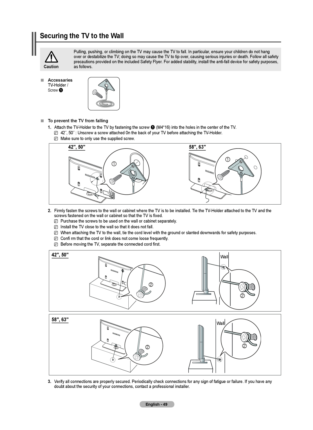 Samsung PN50B550TF, BN68-02221B-00, PN6B590T5F, PNB590T5F Securing the TV to the Wall,  To prevent the TV from falling 