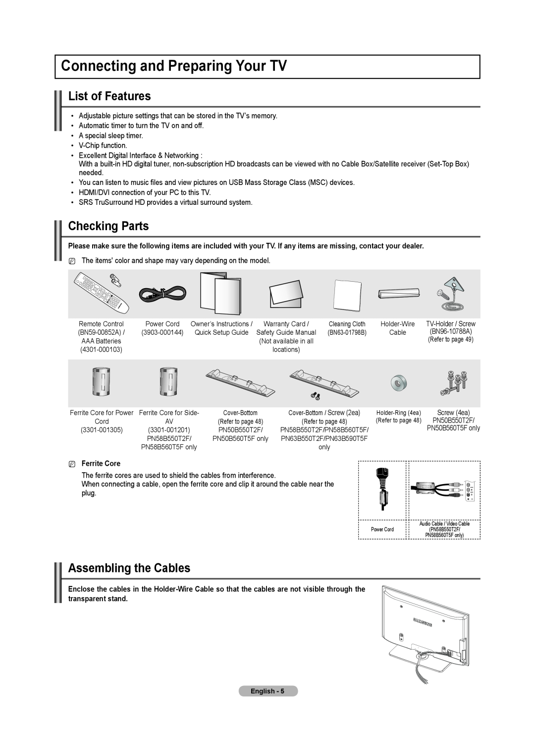 Samsung PN58B550TF, PN50B550TF Connecting and Preparing Your TV, List of Features, Checking Parts, Assembling the Cables 