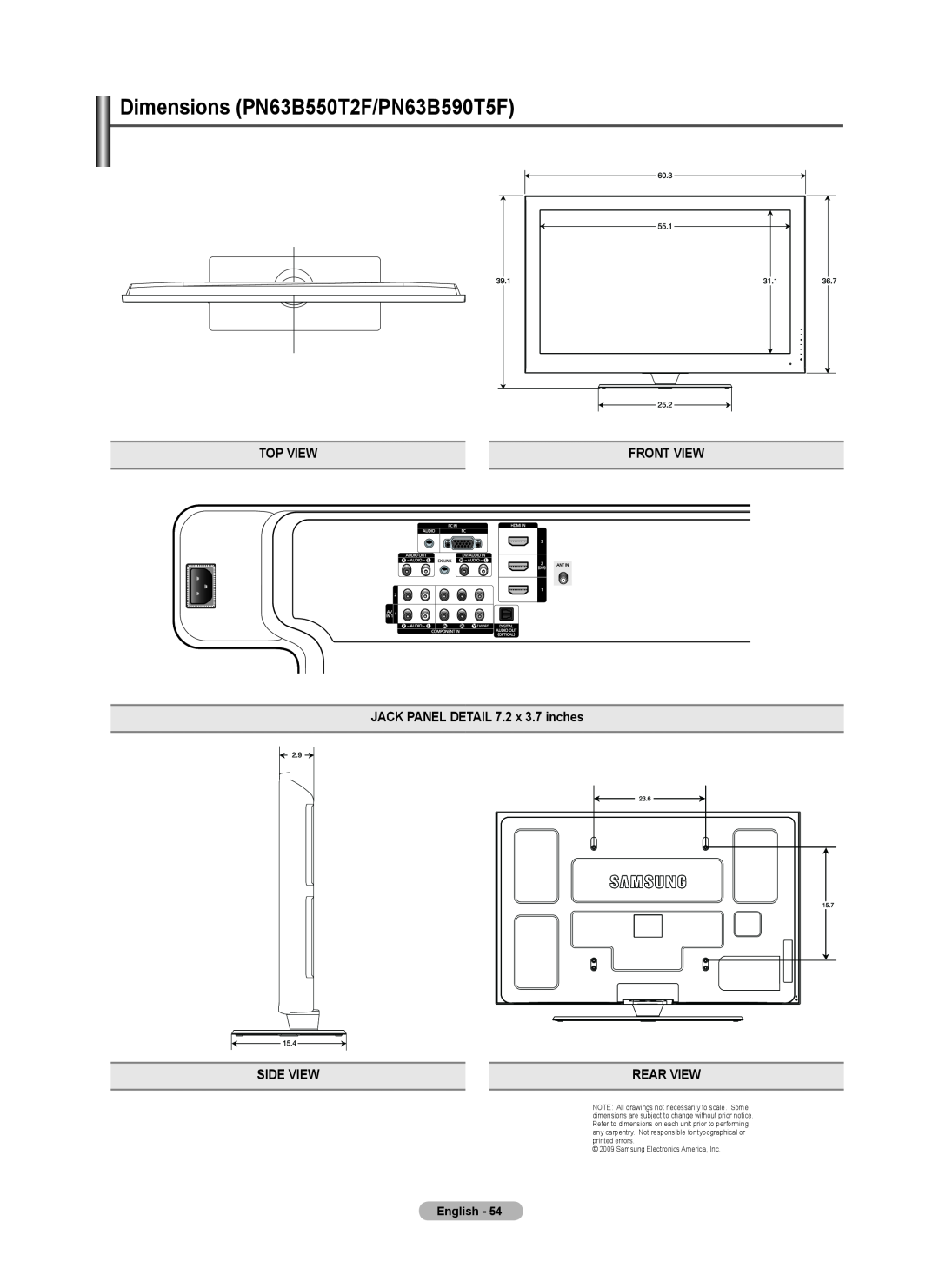 Samsung BN68-02221B-00 Top View, Front View, JACK PANEL DETAIL 7.2 x 3.7 inches, Side View, Rear View, English, 23.6 