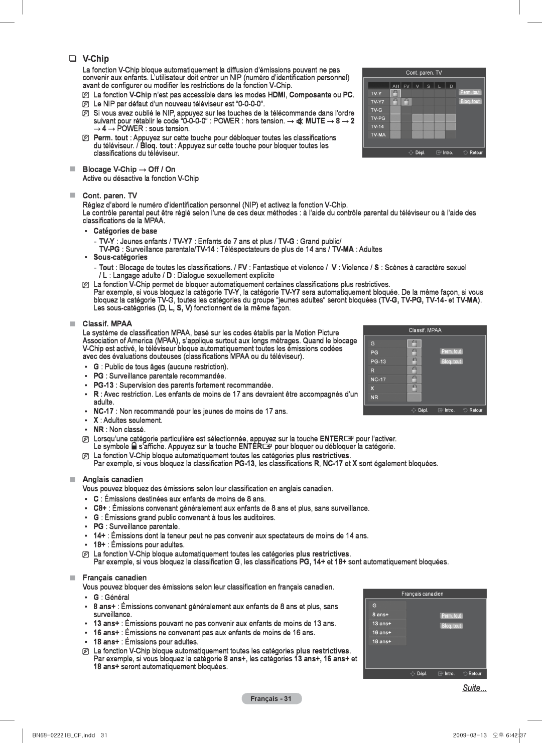 Samsung PN50B550TF Suite,  Blocage V-Chip → Off / On,  Cont. paren. TV, Catégories de base, Sous-catégories 
