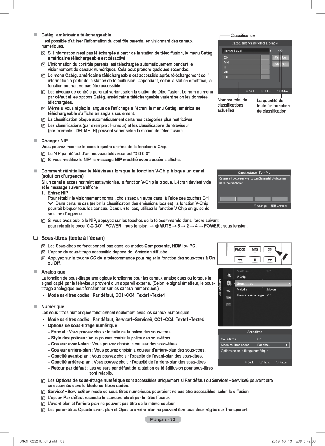Samsung PN6B590T5F Sous-titres texte à l’écran,  Catég. américaine téléchargeable,  Changer NIP, solution d’urgence 