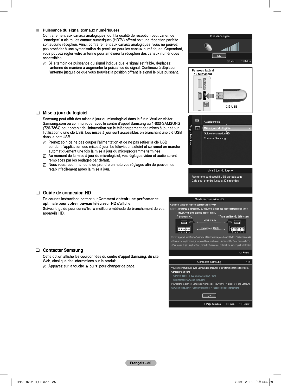 Samsung BN68-02221B-00, PN50B550TF, PN6B590T5F, PNB590T5F Mise à jour du logiciel, Guide de connexion HD, Contacter Samsung 