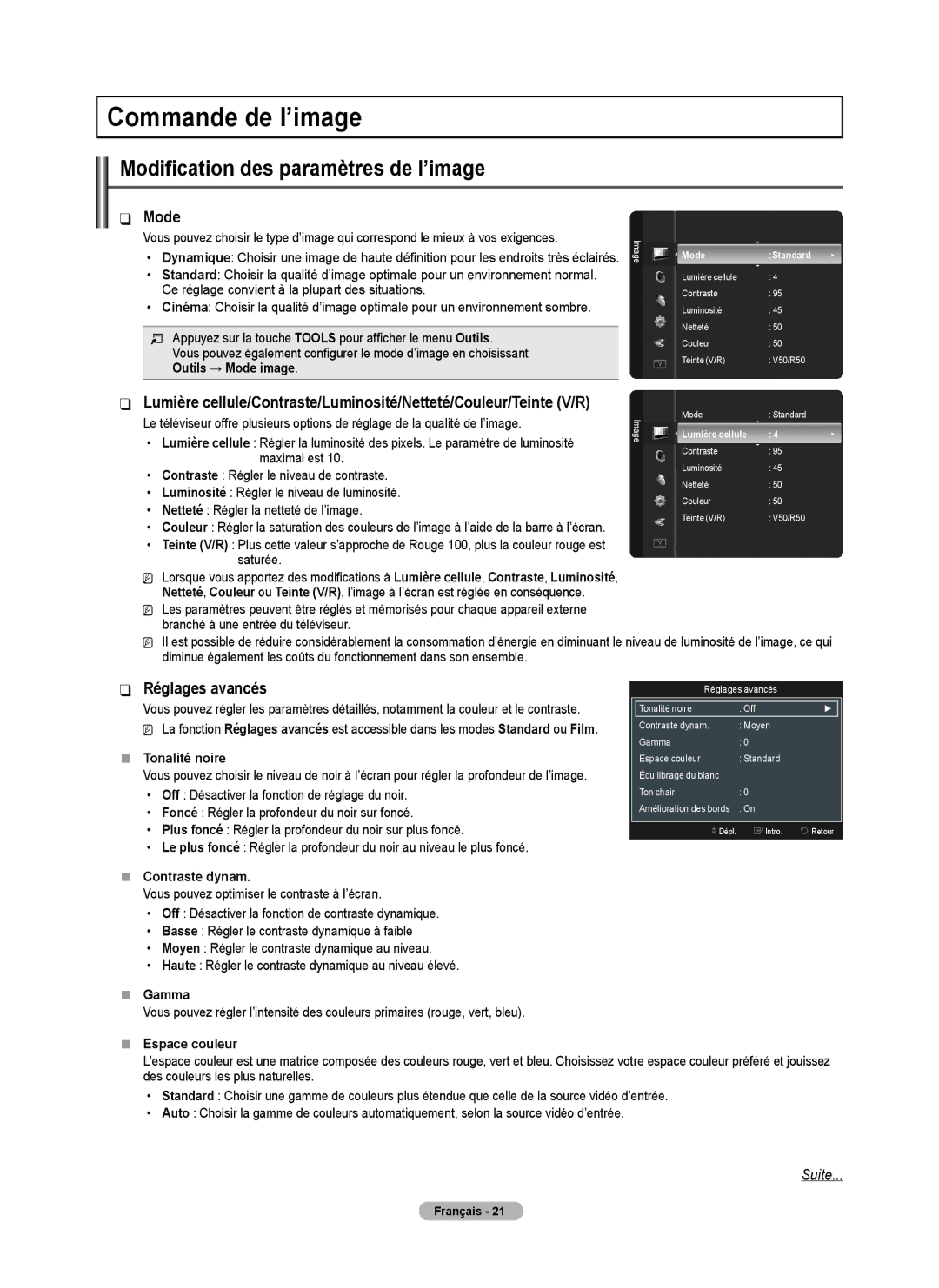 Samsung BN68-02426A-00 user manual Commande de l’image, Modification des paramètres de l’image, Réglages avancés 