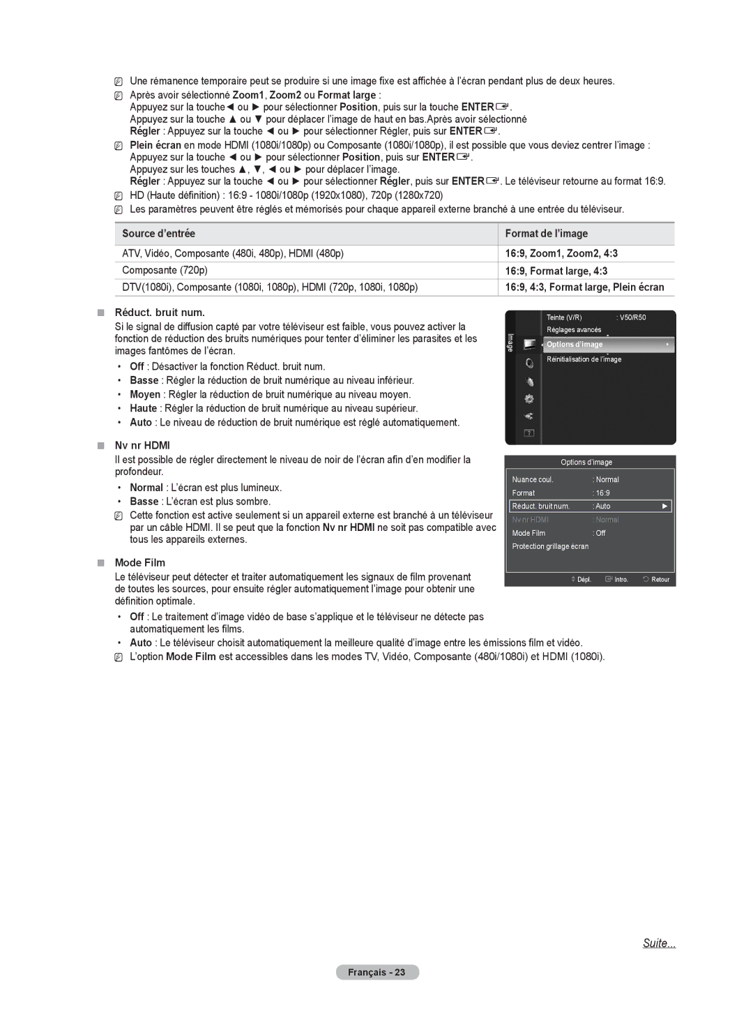 Samsung BN68-02426A-00 user manual Source d’entrée, 169, Format large, Réduct. bruit num, Nv nr Hdmi, Mode Film 