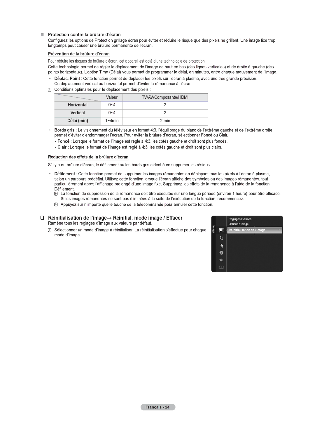 Samsung BN68-02426A-00 user manual „„ Protection contre la brûlure d’écran, Prévention de la brûlure d’écran 