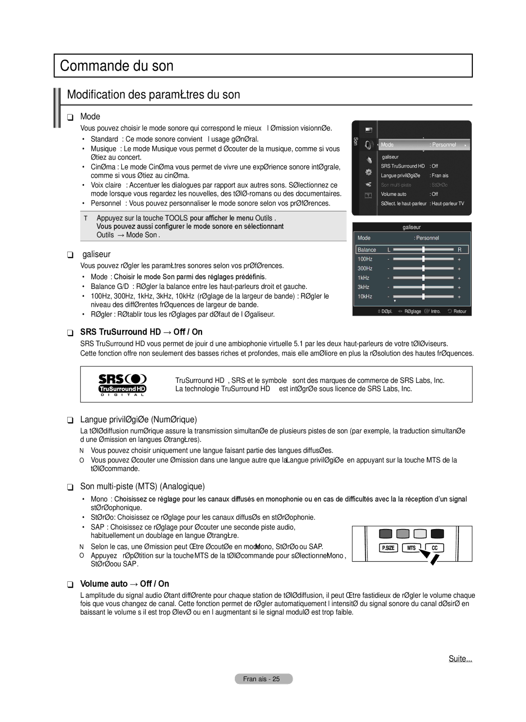 Samsung BN68-02426A-00 user manual Commande du son, Modification des paramètres du son 