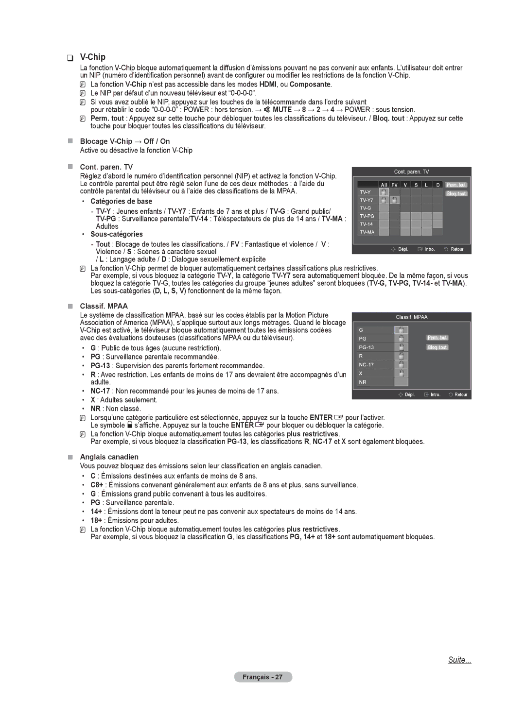 Samsung BN68-02426A-00 user manual „„ Blocage V-Chip → Off / On, „ „ Cont. paren. TV, Catégories de base, Sous-catégories 