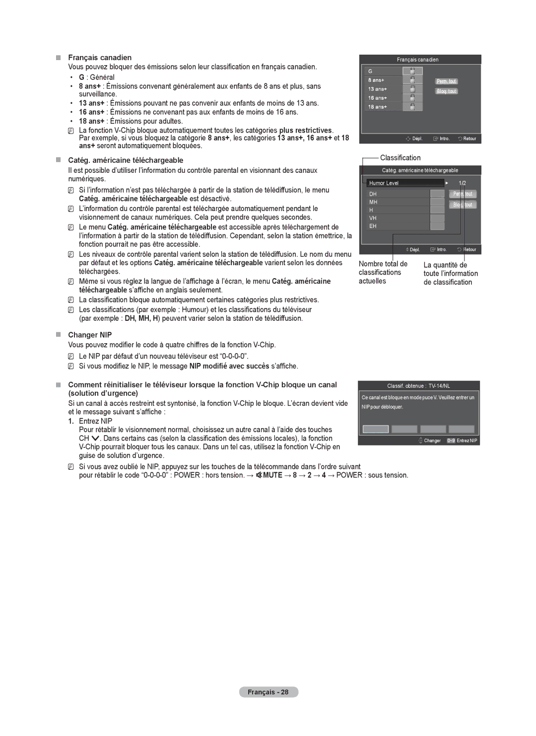 Samsung BN68-02426A-00 „„ Français canadien, „„ Catég. américaine téléchargeable, „„ Changer NIP, Solution d’urgence 