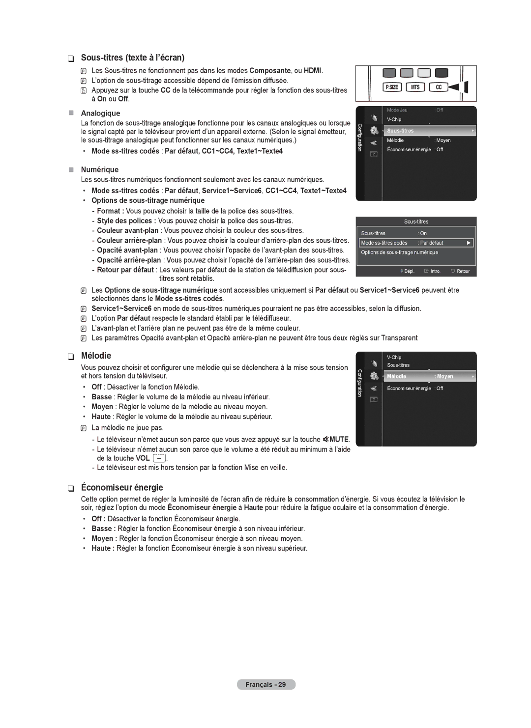 Samsung BN68-02426A-00 user manual Sous-titres texte à l’écran, Mélodie, Économiseur énergie 