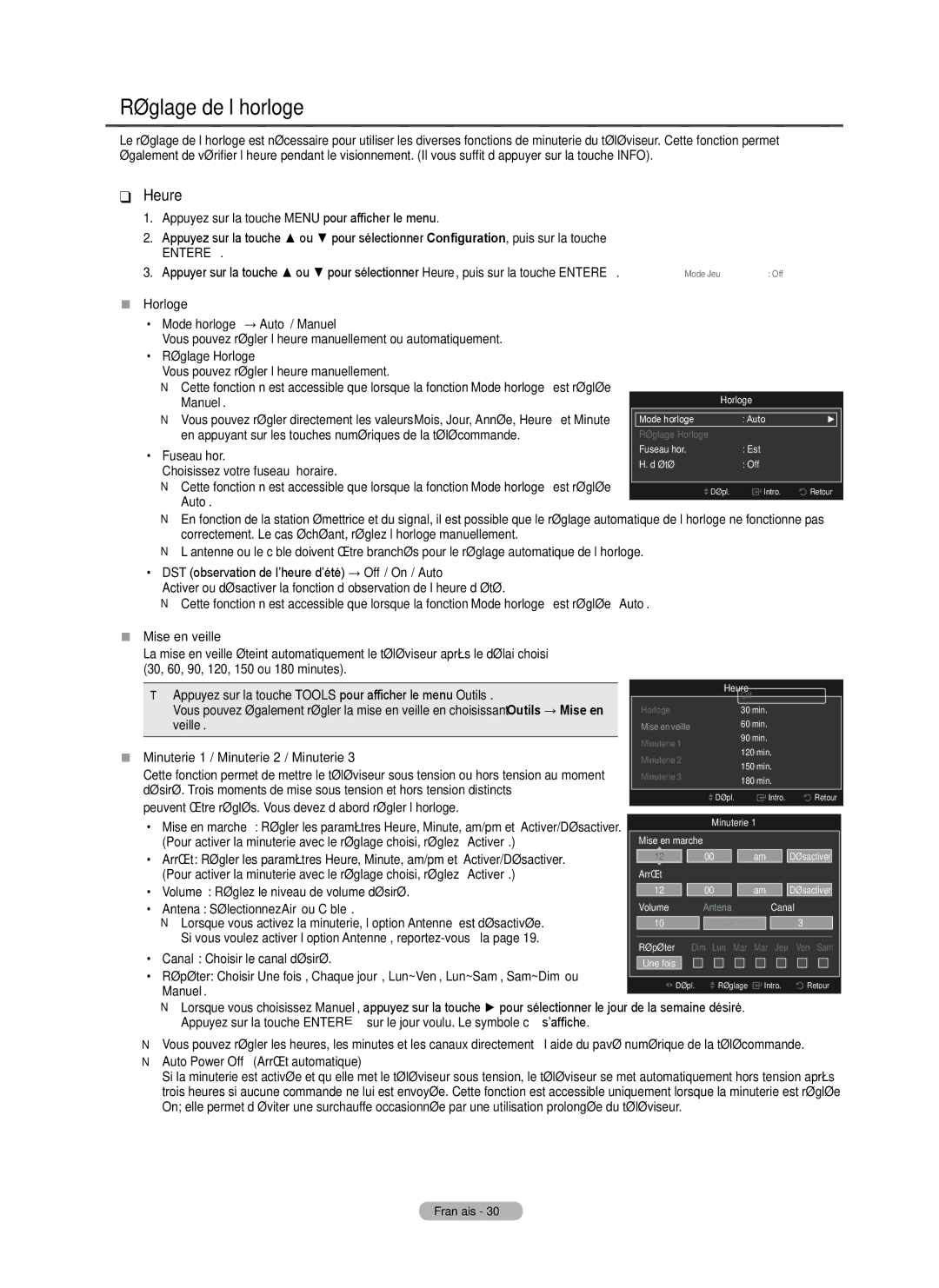 Samsung BN68-02426A-00 user manual Réglage de l’horloge, Heure 