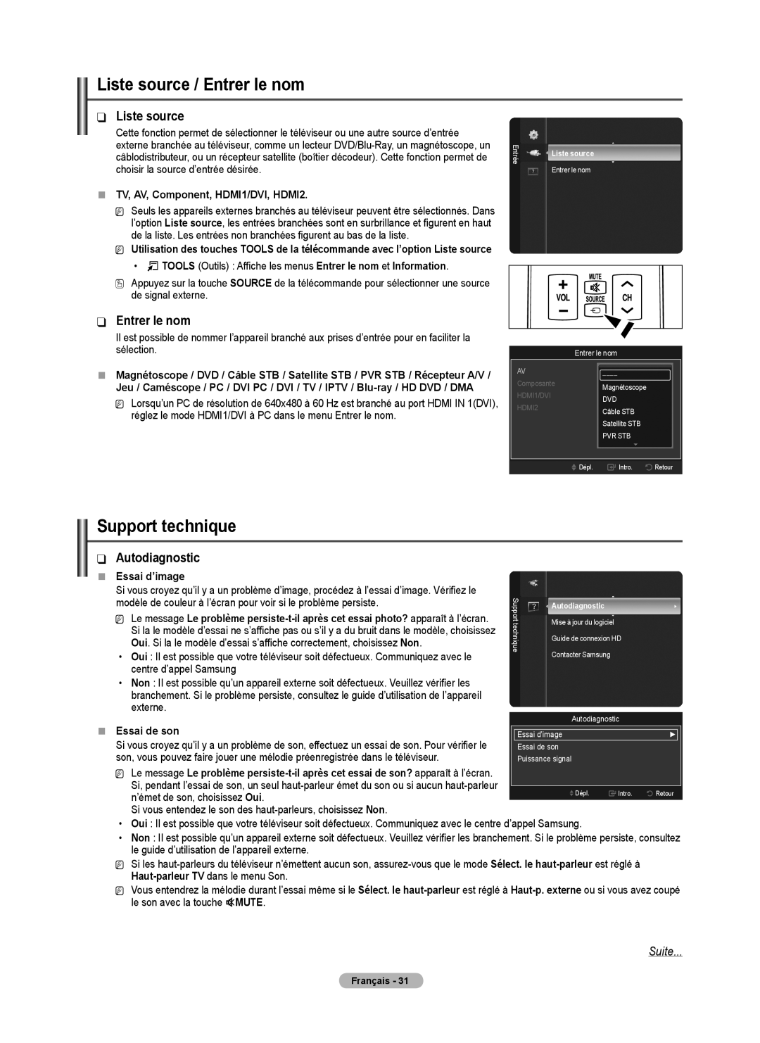 Samsung BN68-02426A-00 user manual Liste source / Entrer le nom, Support technique, Autodiagnostic 