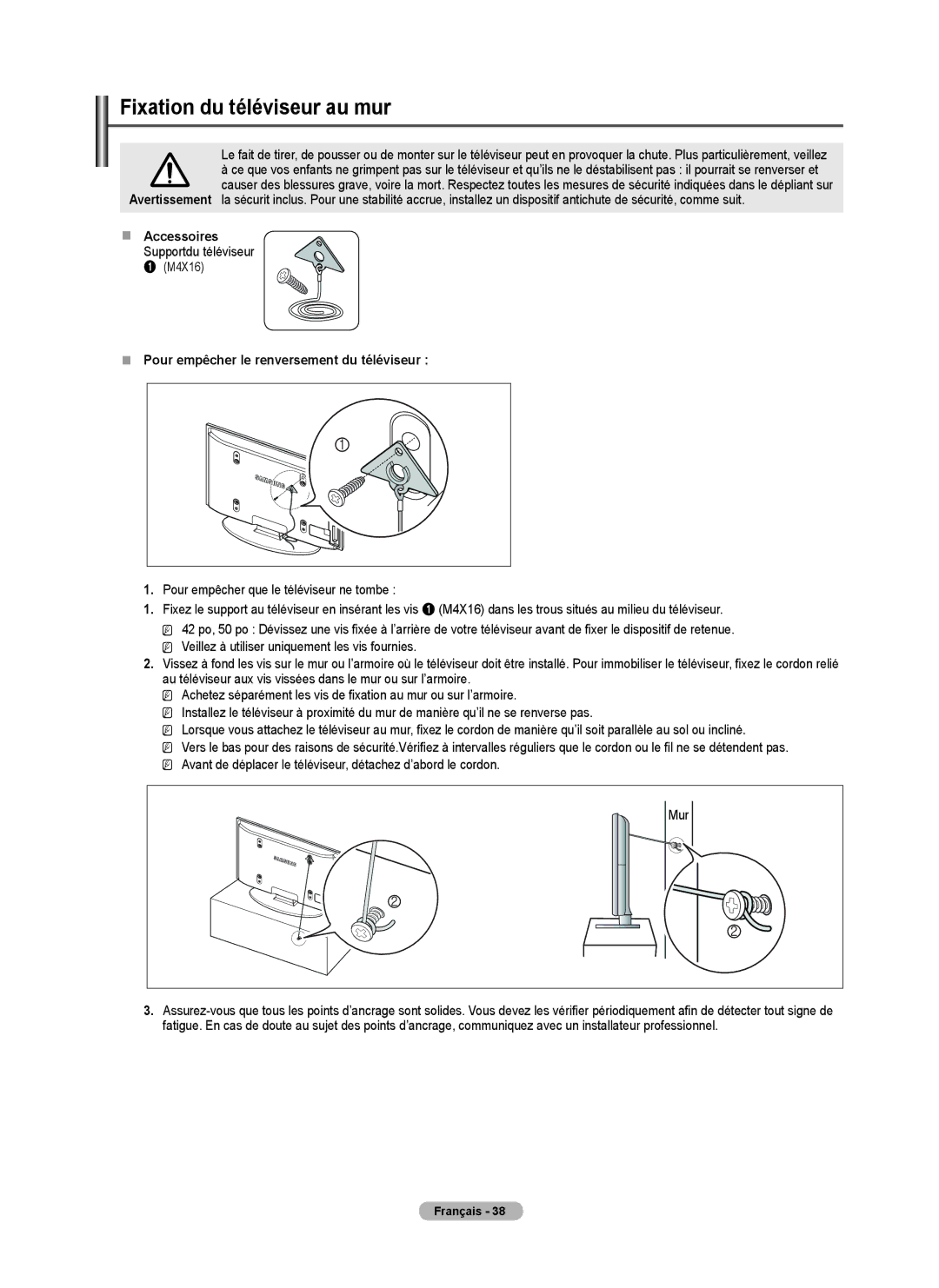 Samsung BN68-02426A-00 user manual Fixation du téléviseur au mur, „„ Accessoires, Supportdu téléviseur 