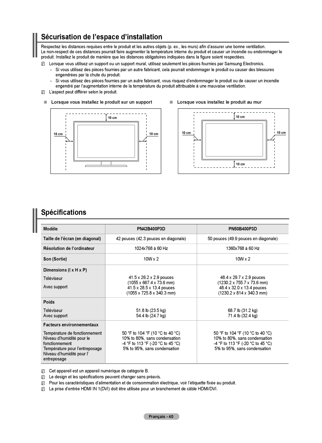 Samsung BN68-02426A-00 user manual Sécurisation de l’espace d’installation, Spécifications 