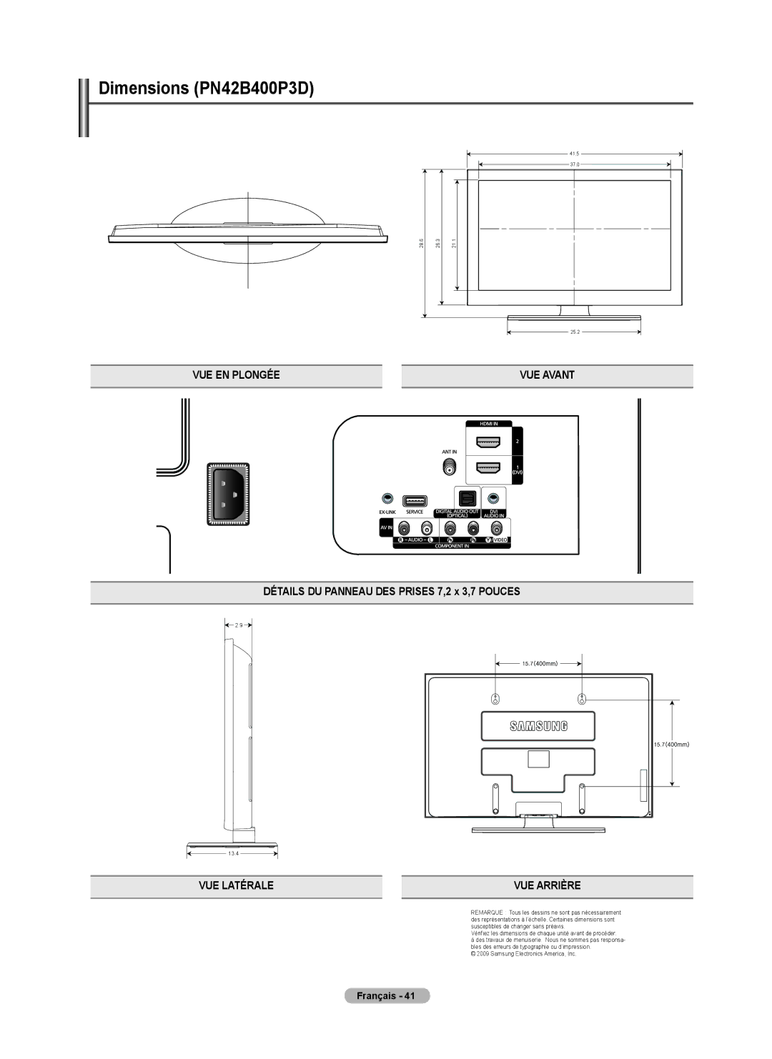 Samsung BN68-02426A-00 user manual Détails DU Panneau DES Prises 7,2 x 3,7 Pouces, VUE Latérale VUE Arrière 