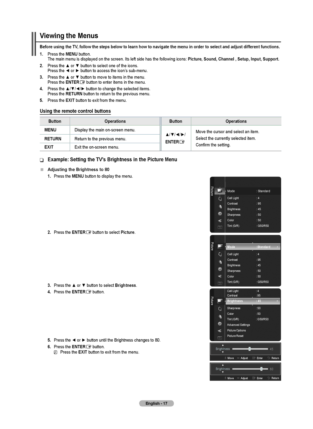 Samsung BN68-02426A-00 Viewing the Menus, Example Setting the TV’s Brightness in the Picture Menu, Button Operations 