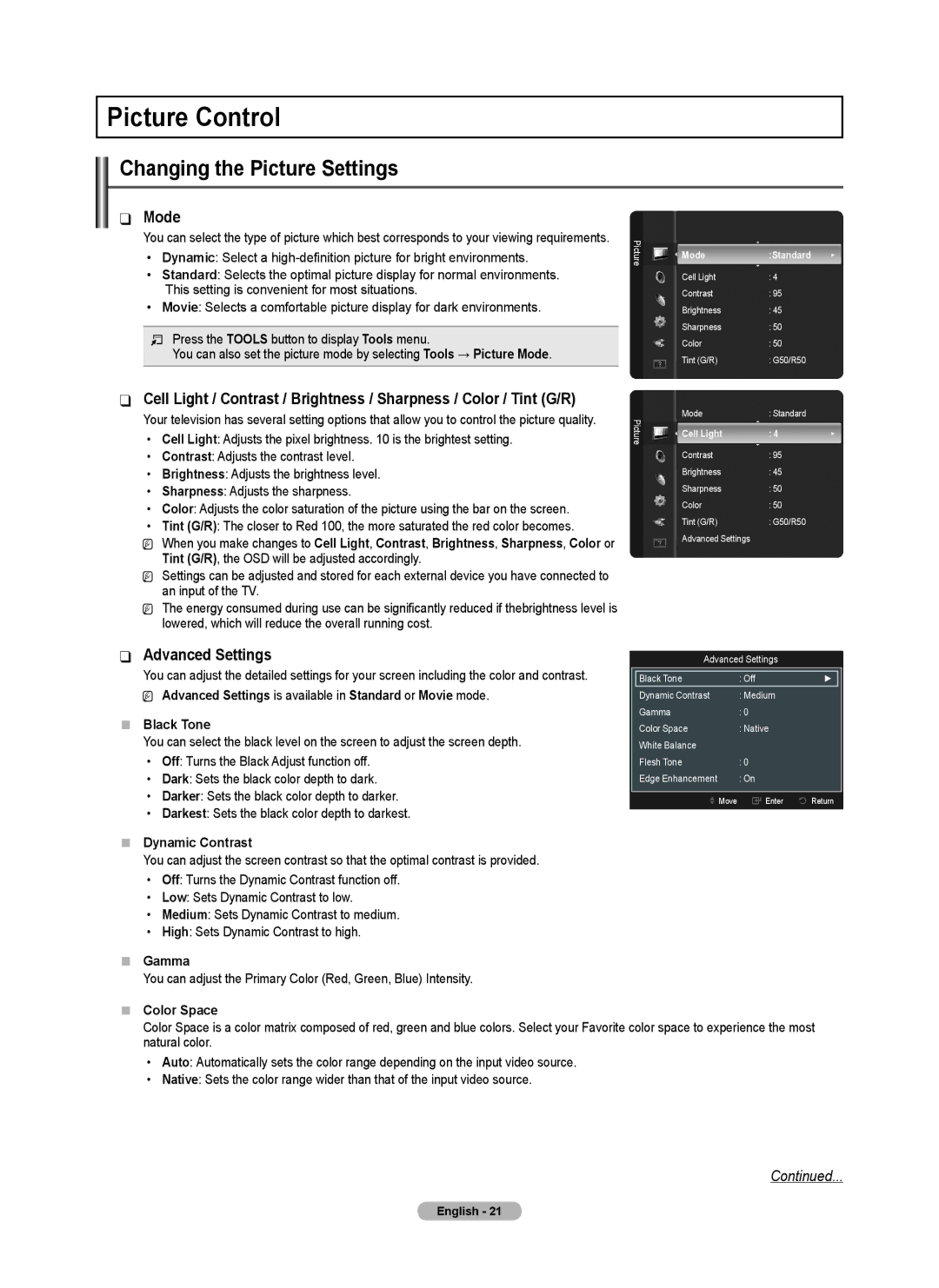 Samsung BN68-02426A-00 user manual Picture Control, Changing the Picture Settings, Mode, Advanced Settings 