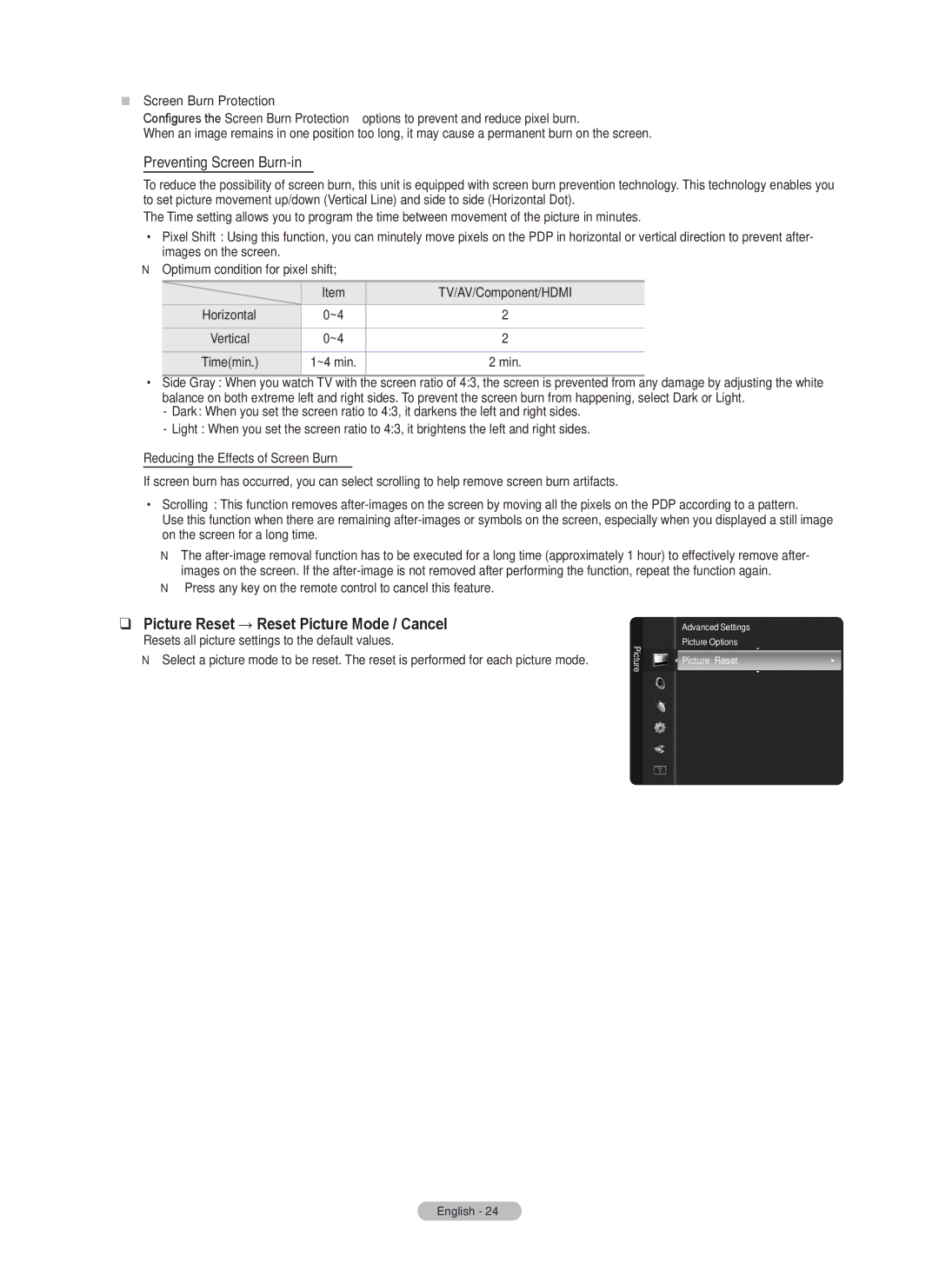 Samsung BN68-02426A-00 Picture Reset → Reset Picture Mode / Cancel, Preventing Screen Burn-in, „„ Screen Burn Protection 