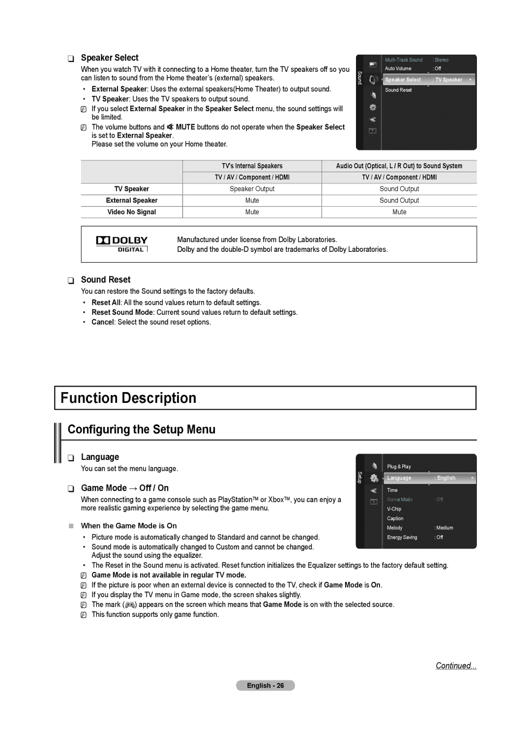 Samsung BN68-02426A-00 user manual Function Description, Configuring the Setup Menu, Speaker Select, Sound Reset 