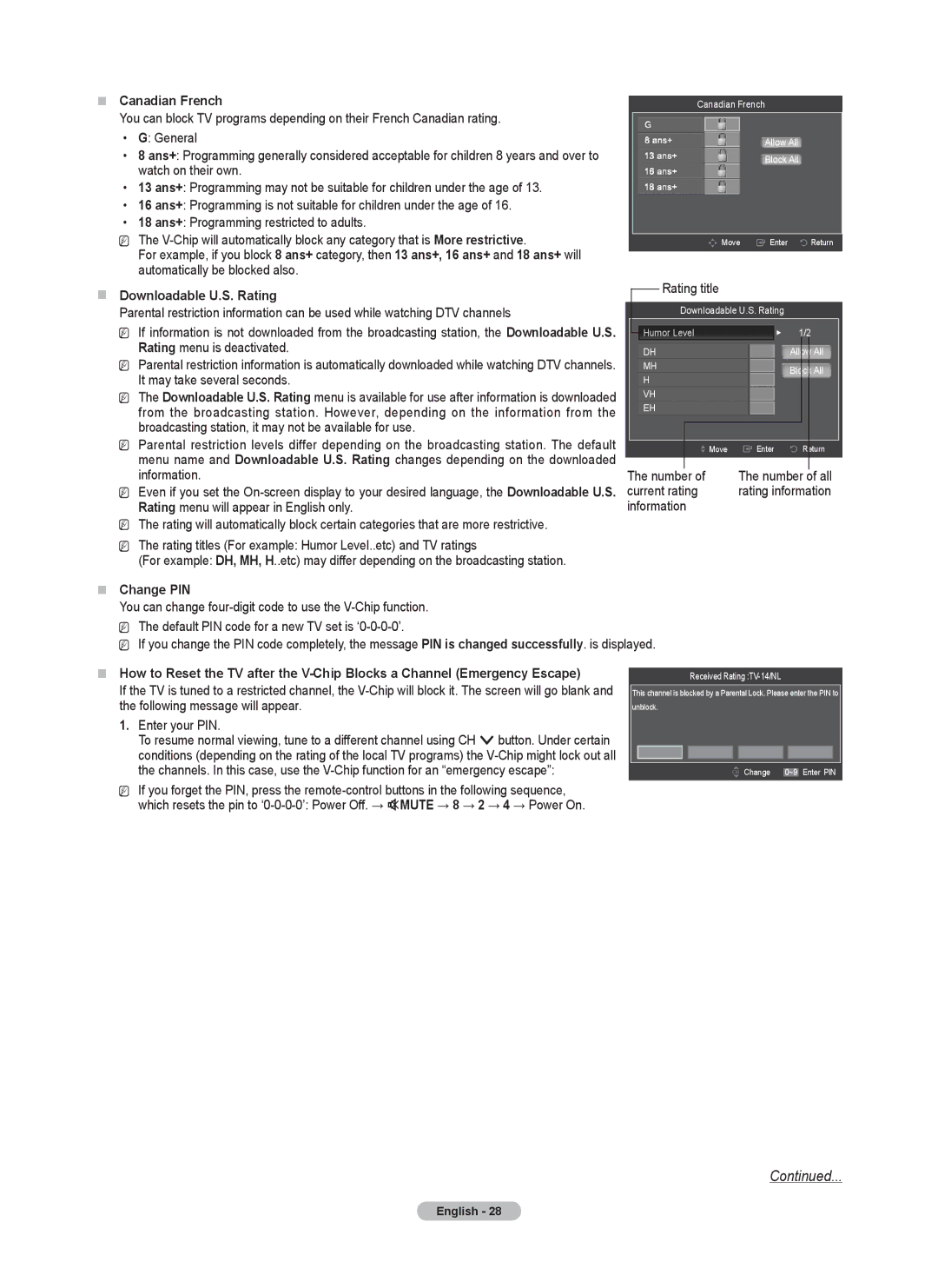 Samsung BN68-02426A-00 user manual „„ Canadian French, „„ Downloadable U.S. Rating, Rating title, „„ Change PIN 